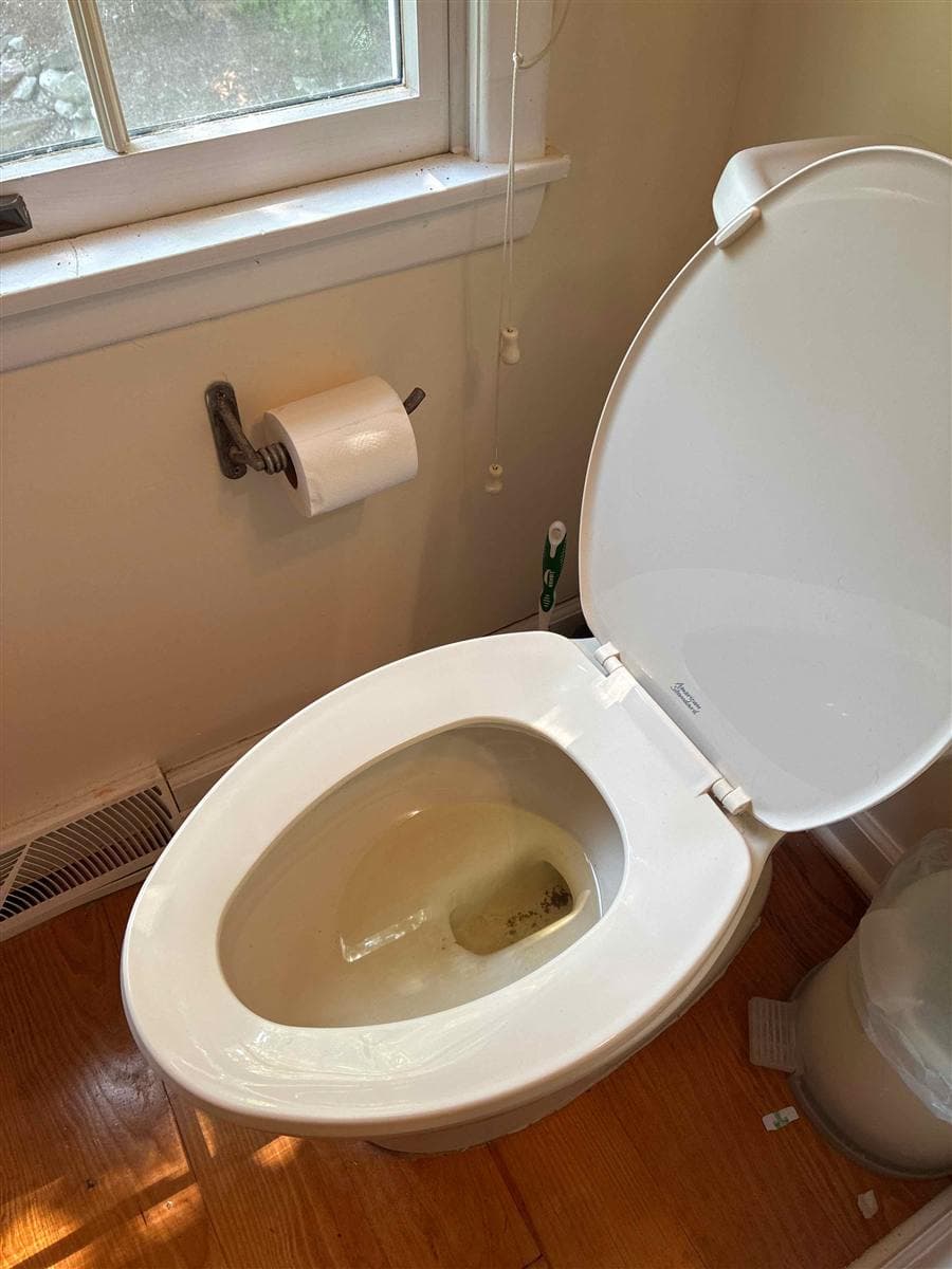 A toilet with a hard-water-stained bowl in a dim bathroom before cleaning.