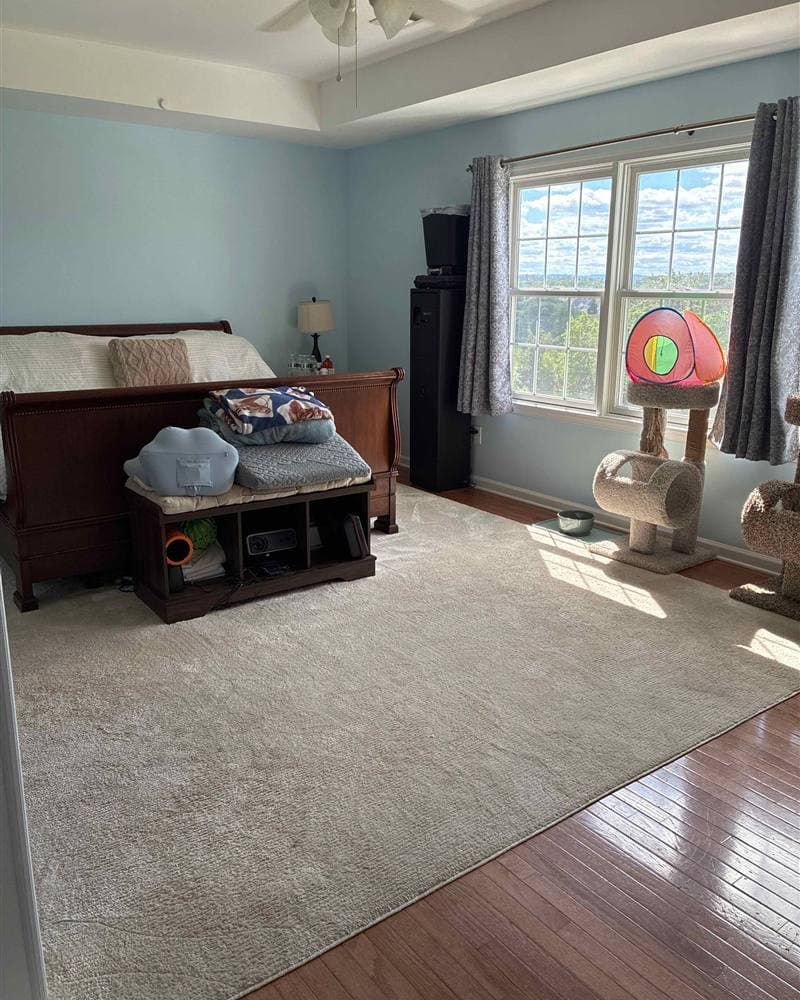 Tidied bedroom with made bed and freshly vacuumed area rug after a cleaning in Newton, NJ